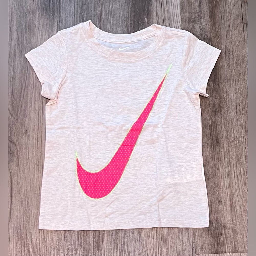 Nike Girls' Light Tan Short Sleeved T-Shirt W/Pink and Lime Green Swoosh Logo